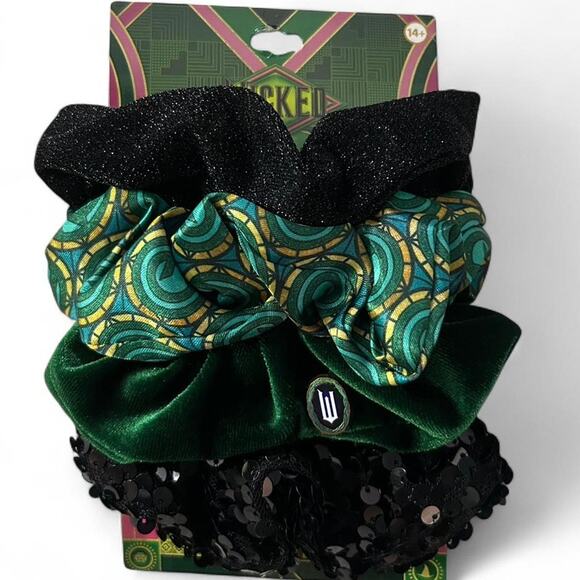 Wicked For Good Elphaba 4 Velvet Sequin Satin Geometric Scrunchies Hair Tie Set - Picture 1 of 2